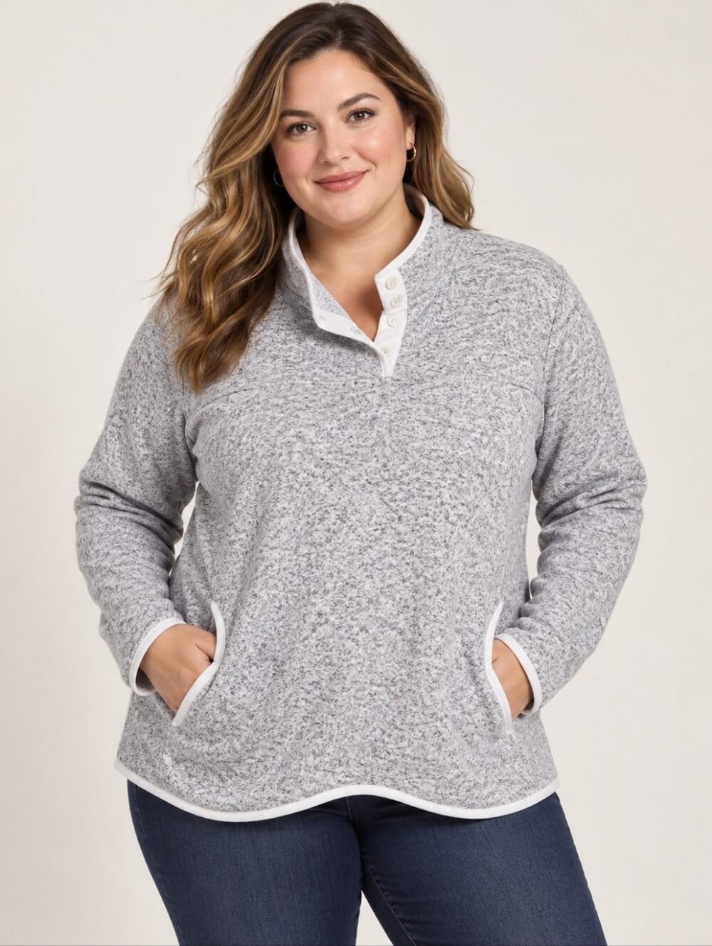 Eddie Bauer Women's 2XL Gray Marled Snap-Neck Fleece Pullover